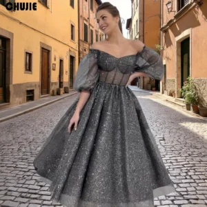 Grey Shinny Tulle Prom Dress Puffy Sleeves Evening Gowns Customized Tea Length A Line Wedding Party Dresses Cocktail robe soirée
