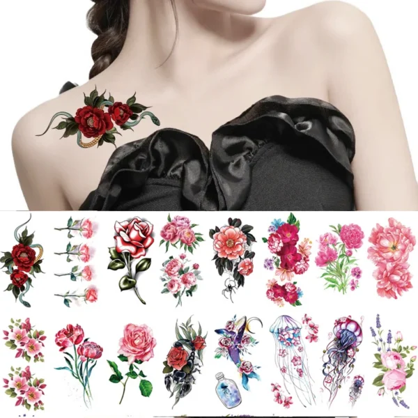 1pc Watercolor Flower Temporary Tattoos For Women Adult Girl Rose Butterfly Fake Tattoo Stylish Waterproof Arm Tatoos Sticker